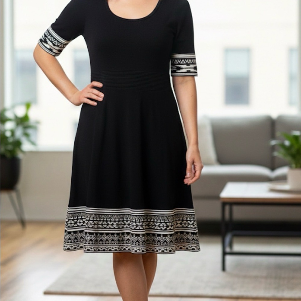 Nina Leonard Geo Print Fit & Flare Dress Black White Stretchy Sz L